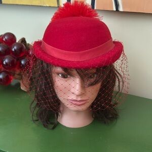 Doeskin vintage red 100% wool hat with red feat